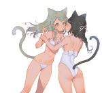  2girls :o absurdres animal_ears aruterra bangs bikini blue_eyes bow breasts bright_pupils casual_one-piece_swimsuit cat_ears cat_tail closed_eyes cowboy_shot frilled_bikini_top frills hair_ribbon highres imminent_kiss light_brown_hair long_hair medium_hair midriff multiple_girls navel one-piece_swimsuit open_mouth original ribbon sideboob simple_background small_breasts swept_bangs swimsuit tail white_background white_bikini white_bow white_pupils white_swimsuit wrist_grab yuri 