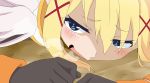  blonde_hair blue_eyes blush close-up darkness_(konosuba) hair_ornament heavy_breathing highres kawakun kono_subarashii_sekai_ni_shukufuku_wo! lying on_ground on_stomach solo x_hair_ornament 