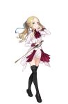  1girl black_footwear black_legwear blonde_hair blue_eyes braid cravat crown_braid elizabeth_cassandra_austin full_body hand_up highres looking_at_viewer official_art ponytail princess_principal princess_principal_game_of_mission riding_crop shoes smile standing thigh-highs 