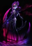  1girl :d artist_name ass bare_shoulders black_background blood breasts evelynn finger_to_mouth fingernails from_behind full_body hair_between_eyes highres league_of_legends legs looking_at_viewer looking_back medium_breasts multicolored_hair open_mouth pink_hair scythe sharp_fingernails sideboob simple_background smile solo standing steve_zheng two-tone_hair watermark web_address white_hair white_skin yellow_eyes 