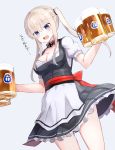  10s 1girl alcohol alternate_costume apron bangs beer beer_mug black_dress blonde_hair blue_background blue_eyes blush bow breasts cleavage collar cowboy_shot dirndl dress dutch_angle eyebrows_visible_through_hair frilled_dress frills german_clothes graf_zeppelin_(kantai_collection) hair_tie highres holding iron_cross kantai_collection long_hair looking_down medium_breasts red_bow sash short_sleeves sidelocks simple_background solo standing sweat translated twintails waist_apron white_apron xenonstriker 
