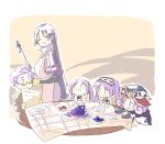  2boys 3girls black-framed_eyewear bone carnival_phantasm chibi color_connection commentary_request emiya-san_chi_no_kyou_no_gohan euryale fate/grand_order fate/hollow_ataraxia fate_(series) fork hairband hat head_rest heart highres holding holding_fork holding_knife holding_ladle holding_newspaper holding_paper isaac_bou knife ladle lancelot_(fate/grand_order) lolita_hairband long_hair looking_at_another low-tied_long_hair mephistopheles_(fate/grand_order) minamoto_no_raikou_(fate/grand_order) multiple_boys multiple_girls newspaper paper plate purple_blood purple_hair red_hat semi-rimless_eyewear short_hair stheno table tablecloth type-moon under-rim_eyewear very_long_hair 