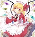  1girl ;) alternate_costume apron bangs black_bow black_neckwear blonde_hair blush bow bowtie closed_mouth commentary_request cowboy_shot crystal cup dress enmaided eyebrows_visible_through_hair fang_out flandre_scarlet frilled_sleeves frills hair_ribbon head_tilt holding holding_tray juliet_sleeves long_hair long_sleeves looking_at_viewer low_neckline maid maid_headdress multicolored multicolored_eyes one_eye_closed orange_eyes puffy_sleeves red_bow red_dress red_eyes ribbon shikitani_asuka side_ponytail smile solo sparkle spilling standing tareme tea teacup teapot touhou tray waist_apron white_apron wings 