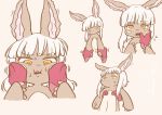  1girl animal_ears arm_grab cheek_squash fangs finger_in_mouth floating_hand flying_sweatdrops furry hands_on_another&#039;s_chest lifting_person made_in_abyss nanachi_(made_in_abyss) simple_background solo_focus whiskers white_hair yama_gan yellow_eyes 
