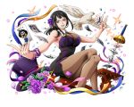  1girl :d bird black_dress black_hair blue_eyes blue_ribbon bodskih bracelet breasts brown_legwear card choker cleavage dress flower hair_flower hair_ornament hat holding holding_card jewelry large_breasts legs_crossed long_hair looking_at_viewer magic nico_robin one_piece open_mouth outstretched_arms panties purple_flower purple_hat purple_ribbon ribbon shiny shiny_skin short_dress sidelocks sitting sleeveless sleeveless_dress smile solo strapless strapless_dress sword thighs transparent_background tube_dress underwear weapon yellow_ribbon 
