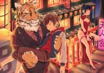  1boy 1girl architecture black_hair black_neckwear braid breasts brown_pants carrying china_dress chinese_clothes cleavage dress east_asian_architecture formal gun highres jacket lantern looking_at_another medium_breasts meo necktie night original outdoors pants paper_lantern princess_carry railing striped striped_necktie suit tiger weapon yellow_eyes 