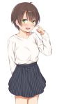  1girl arm_behind_back bangs blue_skirt blush breasts brown_hair cowboy_shot embarrassed finger_to_face green_eyes hair_between_eyes hand_up highres long_sleeves looking_at_viewer mikazuchi_zeus new_game! open_mouth shinoda_hajime shirt shirt_tucked_in short_hair simple_background skirt solo standing striped sweatdrop vertical-striped_skirt vertical_stripes white_background white_shirt 