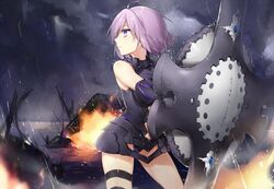  1girl armor black_leotard cowboy_shot fate/grand_order fate_(series) fire holding_shield hsiao leotard looking_away outdoors purple_hair rain shield shielder_(fate/grand_order) short_hair solo standing violet_eyes 