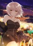  1girl bare_shoulders blonde_hair breasts cleavage eyebrows_visible_through_hair fate/apocrypha fate/grand_order fate_(series) fur_trim headpiece highres iroha_(shiki) jacket jeanne_alter jewelry looking_at_viewer medium_breasts necklace night night_sky ruler_(fate/apocrypha) short_hair sky smile yellow_eyes 