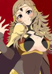  1girl absurdres ariaridoradora blush bodystocking breasts brown_hair cape circlet cleavage cleavage_cutout closed_mouth covered_navel fire_emblem fire_emblem_if grey_eyes hand_up head_tilt highres long_hair long_sleeves looking_at_viewer medium_breasts ophelia_(fire_emblem_if) red_background simple_background sleeves_past_wrists smile solo upper_body yellow_cape 