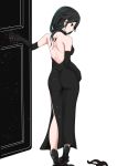  1girl ass bare_back bare_shoulders black_dress black_hair brown_eyes cinder_fall contrapposto dress elbow_gloves gloves high_heels komomo_(picturecollapse) looking_at_viewer looking_back low-cut mask mask_removed rwby short_hair side_slit smirk solo 