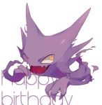  claws english fang full_body glowing glowing_eyes happy_birthday haunter hideko_(l33l3b) looking_at_viewer no_humans one_eye_closed open_mouth pokemon pokemon_(creature) simple_background slit_pupils solo white_background yellow_eyes 