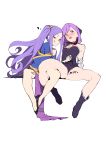  2girls :q absurdres bad_anatomy bare_shoulders blush boots detached_sleeves fate/grand_order fate_(series) heart helena_blavatsky_(fate/grand_order) high_heels highres jikatarou long_hair multiple_girls open_mouth purple_hair short_hair sitting smile spread_legs teeth tongue tongue_out twintails very_long_hair violet_eyes wu_zetian_(fate/grand_order) 