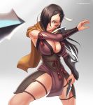  1girl arm_blade breasts brown_eyes brown_hair cleavage detached_sleeves fire_emblem fire_emblem_if grey_background hair_over_one_eye hybridmink kagerou_(fire_emblem_if) kunai large_breasts lips loincloth long_hair ninja obi ponytail sash scarf serious shiny shiny_hair shiny_skin simple_background solo thighs weapon yellow_scarf 