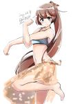  10s 1girl 2017 absurdres aqua_bikini barefoot bikini brown_hair clenched_hand dated from_side grey_eyes hair_ribbon highres kantai_collection kazagumo_(kantai_collection) kazu_(really_in_hot_water_now) long_hair ponytail ribbon sarong simple_background solo standing standing_on_one_leg stretch striped striped_bikini swimsuit tsurime twitter_username white_background 