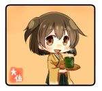  10s 1girl artist_name blush brown_eyes brown_hair chibi commentary_request cup hiryuu_(kantai_collection) japanese_clothes kantai_collection looking_at_viewer one_side_up open_mouth orange_background short_hair smile solo taisa_(kari) tray wide_sleeves yunomi 