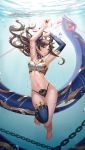  1girl air_bubble armpits arms_up bangs bare_shoulders black_bikini_bottom breasts brown_hair bubble chains cleavage eyebrows_visible_through_hair fate/grand_order fate_(series) full_body gem highres hips holding ishtar_(fate/grand_order) l.bou long_hair looking_at_viewer medium_breasts navel parted_bangs parted_lips red_eyes revision single_sleeve solo thighs tohsaka_rin tsurime underwater wavy_hair white_bikini_top 