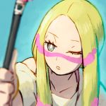  1girl aiming bare_shoulders blonde_hair blue_background blurry blurry_foreground close-up commentary_request depth_of_field facepaint grey_eyes long_hair matsurika_(pokemon) off_shoulder one_eye_closed parted_lips pokemon pokemon_(game) pokemon_sm reiesu_(reis) shirt solo white_shirt 