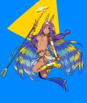  1girl armlet bangs blue_background blunt_bangs boots bracelet breasts earrings egyptian_clothes fate/grand_order fate_(series) gold hips jewelry knee_boots knees_up long_hair looking_at_viewer medium_breasts nitocris_(fate/grand_order) pelvic_curtain pink_eyes platform_boots purple_hair see-through sidelocks smile solo sparkle staff stomach tagme thighs two-tone_background very_long_hair waist yellow_background yellow_boots yuura 