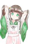  1girl :o absurdres ama_usa_an_uniform apron bangs blunt_bangs blush brown_hair bu4321 commentary_request cowboy_shot eyebrows_visible_through_hair flat_chest flower gochuumon_wa_usagi_desu_ka? green_eyes green_kimono hair_flower hair_ornament head_tilt highres holding holding_hair japanese_clothes kimono long_hair long_sleeves looking_at_viewer maid_apron parted_lips polka_dot_trim ribbon simple_background solo striped striped_kimono twintails ujimatsu_chiya white_apron white_background white_flower white_ribbon wide_sleeves 