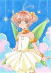  1girl ahoge armband bangs bare_shoulders brown_hair card_captor_sakura closed_mouth commentary_request cowboy_shot crownclamp detached_collar dress eyebrows_visible_through_hair fairy_wings green_eyes highres kinomoto_sakura looking_at_viewer marker_(medium) scrunchie short_hair smile solo standing star traditional_media two_side_up white_dress wings wristband 