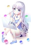  1girl blue_eyes blue_footwear breasts cleavage hair_ornament long_hair looking_at_viewer marble original pixiv-tan planet_sugar shoes sitting small_breasts smile socks solo stylus white_hair white_legwear wristband 