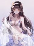  1girl 3: absurdres bangs bikini black_hair blunt_bangs breasts closed_mouth eyebrows_visible_through_hair fingerless_gloves flower girls_frontline gloves hair_flower hair_ornament hairband hands_up highres holding long_hair looking_at_viewer medium_breasts minncn navel qbz-95_(girls_frontline) see-through shawl solo swimsuit thigh-highs thighs tsurime very_long_hair wading wavy_hair white_bikini white_flower white_gloves white_legwear 