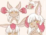  1girl :&lt; animal_ears cheek_squash fangs floating_hand flying_sweatdrops furry made_in_abyss nanachi_(made_in_abyss) one_eye_closed petting simple_background solo_focus whiskers white_hair yama_gan yellow_eyes 