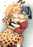  2girls animal_ears arms_around_back arms_around_neck bare_shoulders black_gloves black_hair black_legwear blonde_hair blush closed_eyes extra_ears gloves half-closed_eyes heart hug kaban_(kemono_friends) kemono_friends leg_between_thighs lying meis_(terameisu) multiple_girls on_side pantyhose print_legwear print_skirt red_shirt serval_(kemono_friends) serval_ears serval_print serval_tail shirt short_hair short_sleeves shorts skirt sleeveless tail yuri 