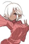  1girl ahoge breasts dark_elf dark_skin elf hair_ornament hair_over_one_eye hand_on_own_chest large_breasts malice_stella original pointy_ears red_eyes ribbed_sweater self_shot short_hair solo sweater turtleneck v white_background white_hair x_hair_ornament 