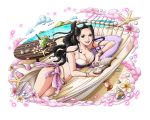  1girl :d bikini bird black_hair blue_eyes bodskih book bracelet breasts cleavage collarbone glasses glasses_on_head island jewelry large_breasts long_hair looking_at_viewer lying navel nico_robin on_side one_piece open_book open_mouth pink_flower sarong smile solo stomach sunglasses sunglasses_on_head swimsuit thighs tied_hair transparent_background water 