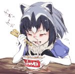  /\/\/\ animal_ears asphyxiation black_bow black_hair black_neckwear blue_shirt bow bowtie choking chopsticks closed_eyes common_raccoon_(kemono_friends) eating fur_collar gloves grey_hair highres kemono_friends maruchan_(company) maruchan_akai_kitsune_udon messy multicolored_hair product_placement raccoon_ears rizzl shirt short_sleeves simple_background table udon upper_body white_background white_gloves you&#039;re_doing_it_wrong 