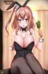  10s 1girl animal_ears bare_shoulders black_leotard blue_eyes blurry blurry_background blush breasts brown_hair bunnysuit carrot cleavage collarbone covered_navel dated detached_collar food highres holding holding_food indoors kantai_collection large_breasts leotard long_hair looking_at_viewer open_mouth pantyhose rabbit_ears sakiryo_kanna saratoga_(kantai_collection) side_ponytail signature sitting skindentation solo wrist_cuffs 