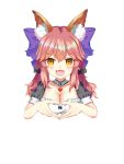  1girl alternate_costume animal_ears breasts cleavage collarbone enmaided fangs fate/extra fate/extra_ccc fate/grand_order fate_(series) fox_ears hair_ribbon heart heart_hands highres large_breasts looking_at_viewer maid maid_headdress open_mouth pink_hair ribbon simple_background solo tamamo_(fate)_(all) tamamo_no_mae_(fate) white_background yellow_eyes zhiquan_jun 