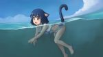  1girl animal_ears cat_ears cat_tail cyan_(show_by_rock!!) fang green_eyes highres ocean paintrfiend show_by_rock!! sky solo swimming swimsuit tail wet wet_hair 