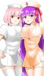  2girls :d bb_(fate/extra_ccc) beige_legwear breast_press breasts cleavage fate/extra fate/extra_ccc fate/grand_order fate_(series) florence_nightingale_(fate/grand_order) hand_on_hip hat highres long_hair looking_at_viewer multiple_girls nurse_cap open_mouth pink_hair purple_hair red_eyes simple_background smile symmetrical_docking taichou_furyou thigh-highs violet_eyes white_background white_legwear 