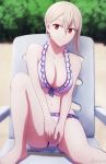  1girl artist_name barefoot bikini breasts chair cleavage collarbone feet frilled_shirt_collar frills full_body half-closed_eyes highres large_breasts nakiri_alice navel outdoors red_eyes shokugeki_no_souma short_hair sitting smile solo swimsuit white_bikini white_hair zoryc 