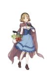  1girl :o bangs basket black_gloves blue_dress blue_eyes blush bow brown_cape brown_footwear brown_hair cape dress flower_basket frilled_dress frills full_body gloves hairband hand_up highres looking_at_viewer maria_florence medium_hair official_art parted_bangs princess_principal princess_principal_game_of_mission red_bow shoes solo white_legwear 