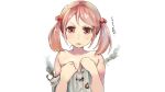  10s blush burnt_clothes check_commentary commentary commentary_request hair_ornament hands_on_own_chest kantai_collection ken_sogen open_mouth partially_undressed pink_hair red_eyes sazanami_(kantai_collection) smoke white_background 
