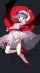  1girl arm_up ascot bare_legs bat bat_wings fangs full_body full_moon grey_background hat hat_ribbon highres looking_at_viewer mob_cap moon open_mouth red_eyes red_moon red_ribbon red_shoes remilia_scarlet ribbon ribbon-trimmed_skirt ribbon_trim sash sh_(562835932) shirt shoes silver_hair skirt skirt_set slit_pupils smile socks solo touhou white_legwear wings wrist_cuffs 