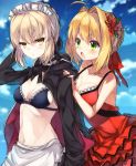  &gt;:o 40_(0f0urw) :/ :o ahoge apron artoria_pendragon_(all) artoria_pendragon_(swimsuit_rider_alter)_(fate) bangs blonde_hair blue_sky blush breasts closed_mouth clouds cloudy_sky collarbone dress dress_swimsuit eyebrows_visible_through_hair fate/extra fate/grand_order fate_(series) flower frilled_apron frills hair_flower hair_intakes hair_ornament hair_ribbon highres hood hoodie jitome looking_at_another maid_headdress medium_breasts navel one-piece_swimsuit open_clothes open_hoodie open_mouth red_dress red_flower red_swimsuit ribbon saber_alter saber_extra sidelocks sky small_breasts swimsuit upper_body waist_apron yellow_eyes 