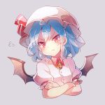  1girl 60mai :t =3 bangs bat_wings blue_hair blush brooch crossed_arms grey_background hat hat_ribbon jewelry looking_at_viewer mob_cap pout puffy_short_sleeves puffy_sleeves red_eyes red_ribbon remilia_scarlet ribbon short_sleeves simple_background solo tears touhou upper_body wing_collar wings 