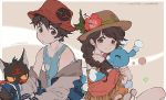 1boy 1girl :&lt; :3 ^_^ bare_shoulders beige_background blush braid brown_eyes brown_hair brown_hat brown_jacket bucket_hat cat closed_eyes closed_mouth collarbone commentary copyright_name earrings flower fringe hat hat_flower hibiscus hug jacket jewelry kawacy litten long_hair long_sleeves looking_at_viewer looking_to_the_side mizuki_(pokemon_ultra_sm) necklace off_shoulder open_clothes open_jacket parted_lips pendant poke_ball_print pokemon pokemon_(creature) pokemon_(game) pokemon_ultra_sm popplio red_eyes red_hat shawl single_braid sitting stud_earrings sun_hat tank_top tareme triangle_mouth two-tone_background yellow_sclera you_(pokemon_ultra_sm) 