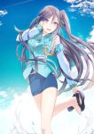  1girl barefoot black_hair blue_eyes blush breasts clouds cloudy_sky cosmicsnic feet hair_ornament highres krt_girls long_hair looking_at_viewer pencil_skirt removing_shoes shoes_removed side_ponytail simple_background skirt sky smile solo splashing water xiao_qiong 