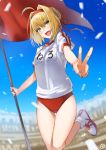  1girl absurdres ahoge blonde_hair blush buruma confetti day fang fate/extra fate/grand_order fate_(series) flag green_eyes headband hieung highres name_tag open_mouth outdoors saber_extra short_sleeves solo sportswear stadium standing standing_on_one_leg v 