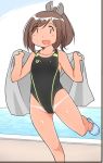  1girl alternate_costume black_swimsuit brown_hair competition_swimsuit feet_out_of_frame full_body grey_towel hair_ornament hairclip highleg highleg_swimsuit i-401_(kantai_collection) kantai_collection one-piece_swimsuit ponytail pool poolside sandals short_ponytail solo swimsuit swimsuit_tan tan tanline zuizou |_| 