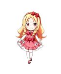  1girl blonde_hair bow brown_eyes chibi dress eromanga_sensei full_body hair_bow hairband highres kuena long_hair looking_at_viewer mary_janes pinafore_dress pink_dress pointy_ears red_bow red_hairband red_shoes shirt shoes simple_background skirt_hold smile solo white_background white_bow white_legwear white_shirt yamada_elf 