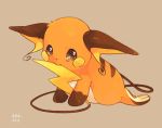  arm_support beige_background biting full_body grey_eyes hideko_(l33l3b) looking_at_viewer lying no_humans on_stomach pokemon pokemon_(creature) raichu signature simple_background tail tail_biting tears 