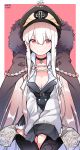  1girl 3: aiguillette artist_name bangs black_footwear blush boots breasts character_name cloak closed_mouth coat cowboy_shot fur_trim girls_frontline hair_between_eyes hat highres iron_cross kar98k_(girls_frontline) long_hair long_sleeves looking_at_viewer medium_breasts peaked_cap red_eyes signature solo thigh-highs thigh_boots tosyeo very_long_hair white_hair 