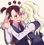 2girls ? beige_background blue_eyes blush brown_hair diana_cavendish green_hair kagari_atsuko little_witch_academia long_hair long_sleeves looking_at_another multiple_girls negom open_mouth red_eyes school_uniform simple_background speech_bubble spoken_question_mark wrist_grab yuri 